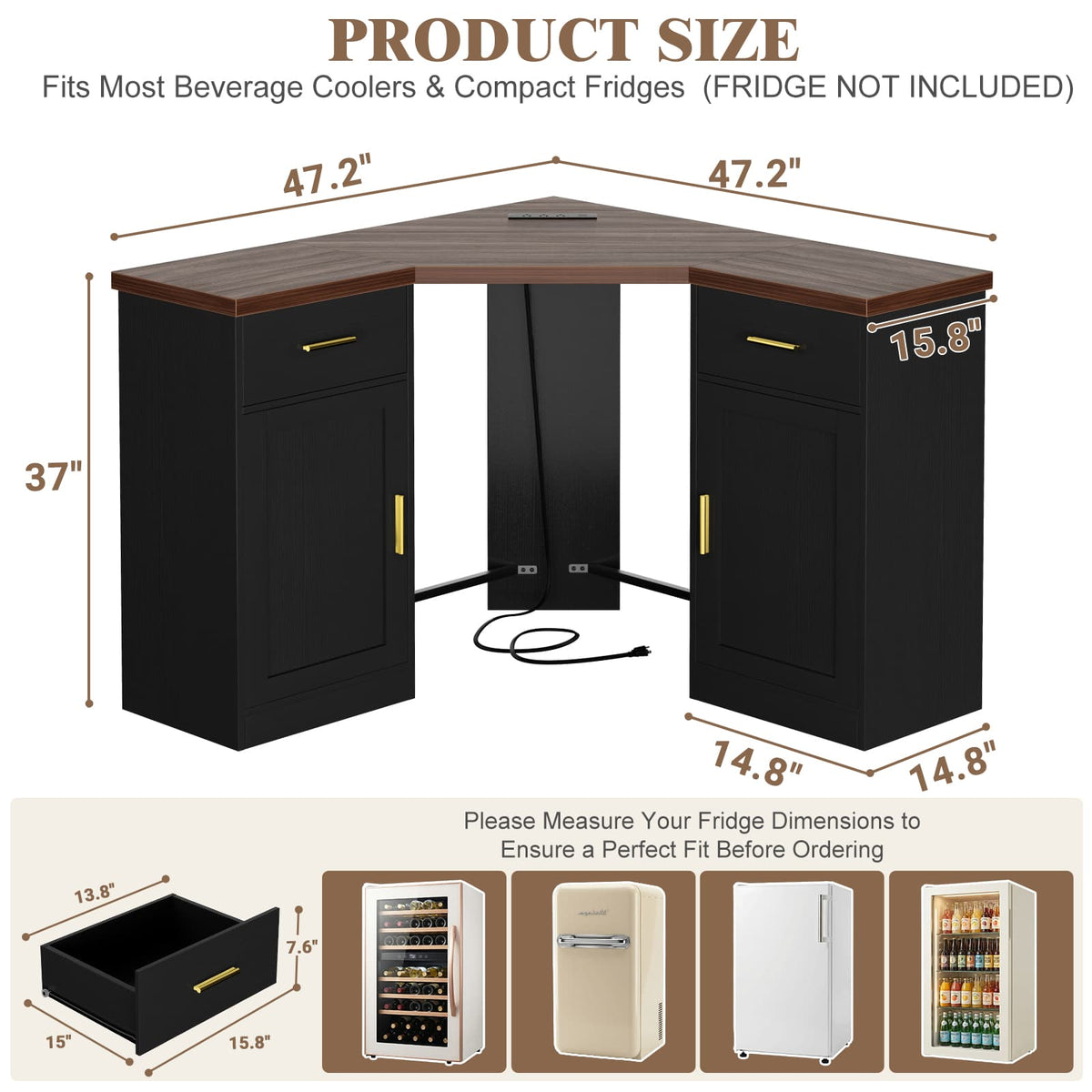 Corner Coffee Bar Cabinet with Mini Fridge Space，Black