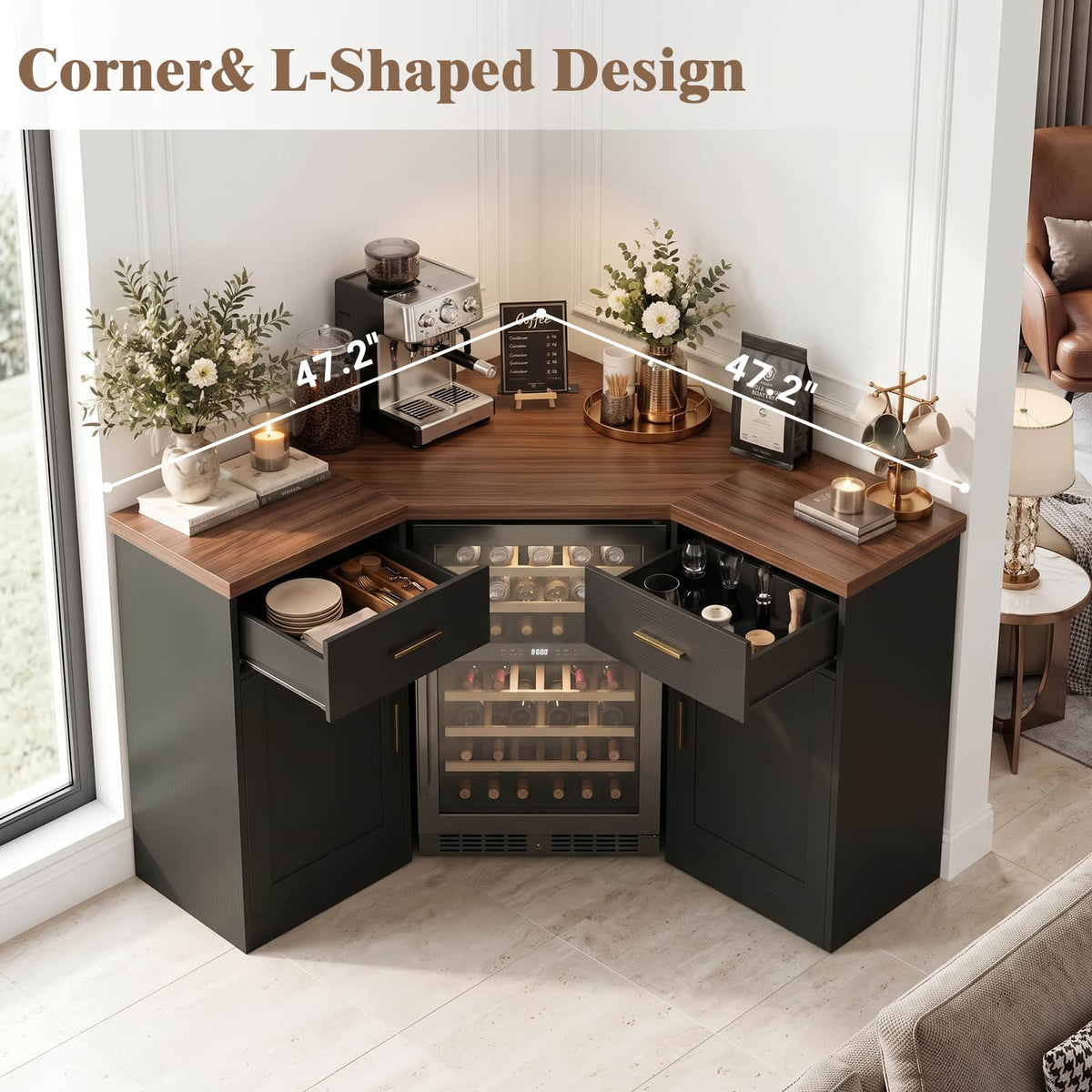 Corner Coffee Bar Cabinet with Mini Fridge Space，Black