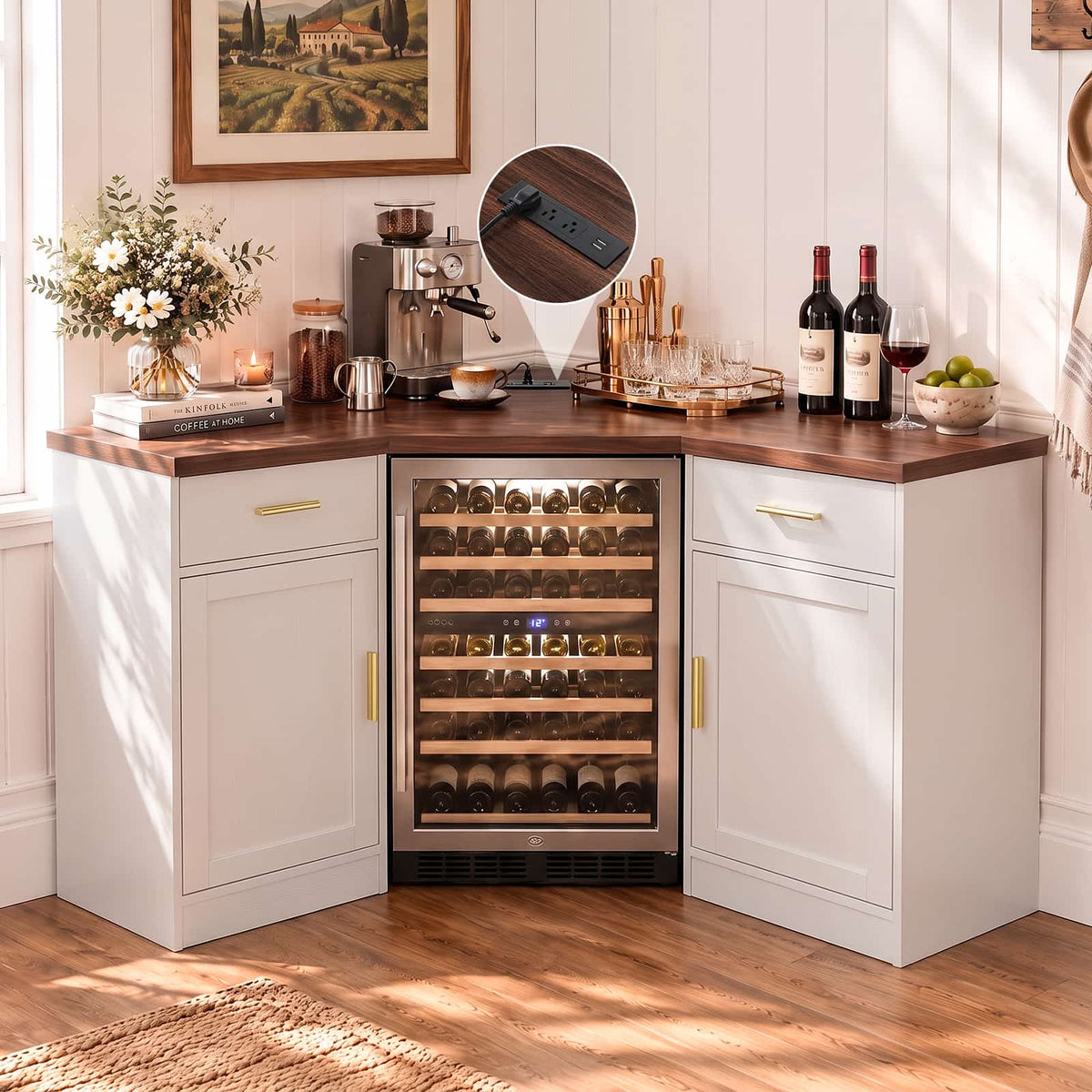 Corner Coffee Bar Cabinet with Mini Fridge Space，Black