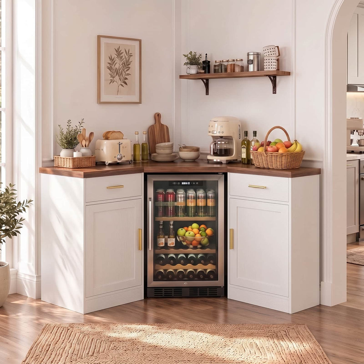 Corner Coffee Bar Cabinet with Mini Fridge Space，Black