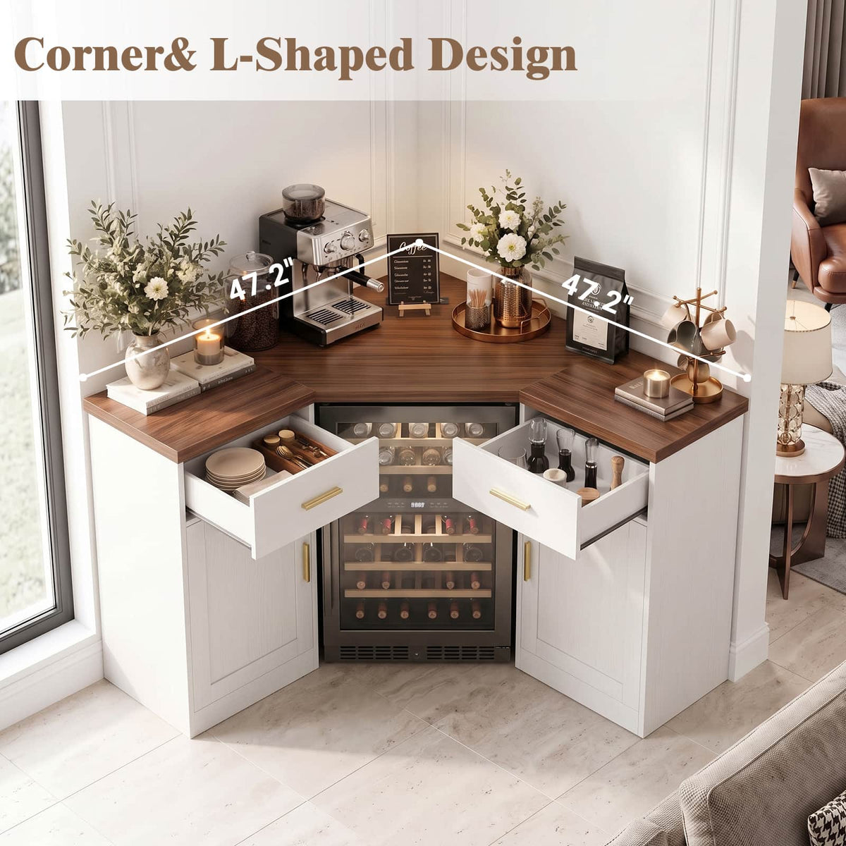 Corner Coffee Bar Cabinet with Mini Fridge Space，Black