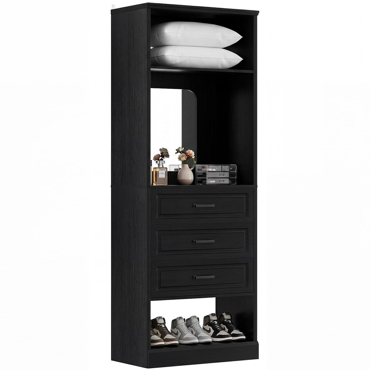 Closet System with Drawers & Mirror, Heavy Duty Wooden Closet Organizer, Modular Wardrobe Storage Tower for Bedroom & Walk-in Closet