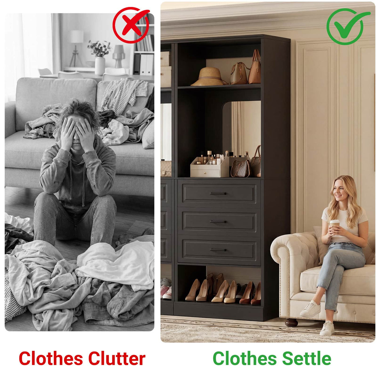 Closet System with Drawers & Mirror, Heavy Duty Wooden Closet Organizer, Modular Wardrobe Storage Tower for Bedroom & Walk-in Closet