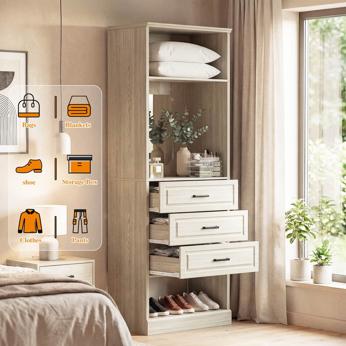Closet System with Drawers & Mirror, Heavy Duty Wooden Closet Organizer, Modular Wardrobe Storage Tower for Bedroom & Walk-in Closet