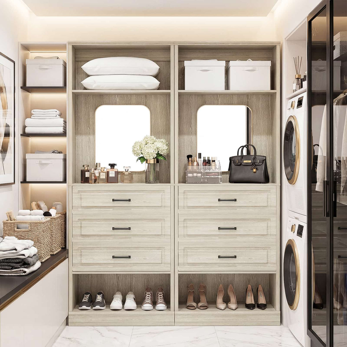 Closet System with Drawers & Mirror, Heavy Duty Wooden Closet Organizer, Modular Wardrobe Storage Tower for Bedroom & Walk-in Closet