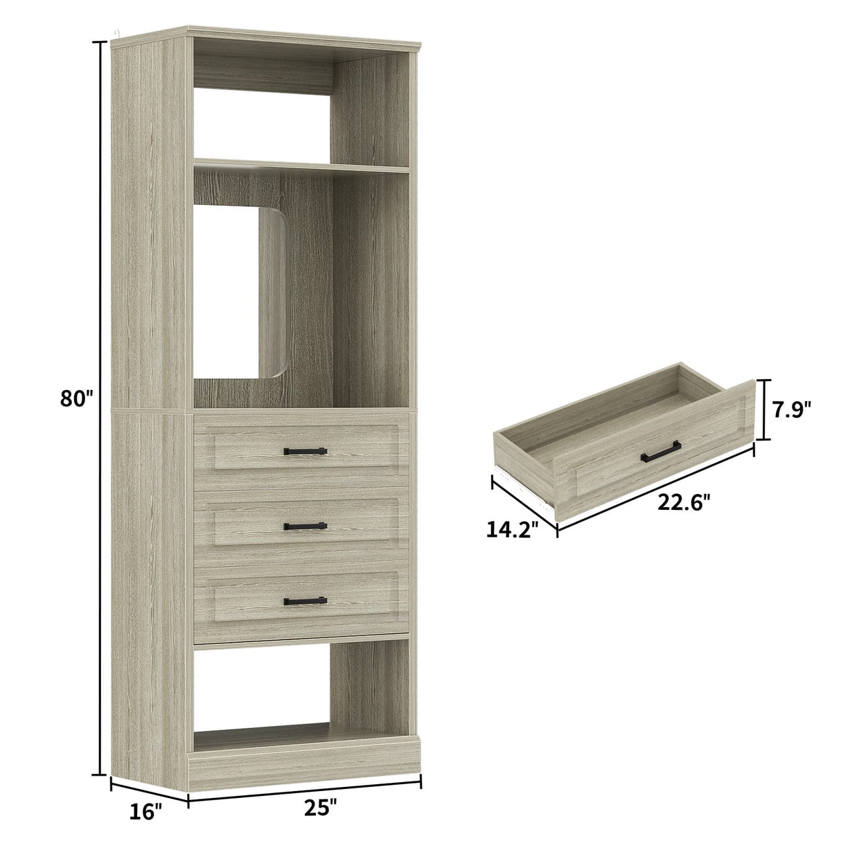 Closet System with Drawers & Mirror, Heavy Duty Wooden Closet Organizer, Modular Wardrobe Storage Tower for Bedroom & Walk-in Closet