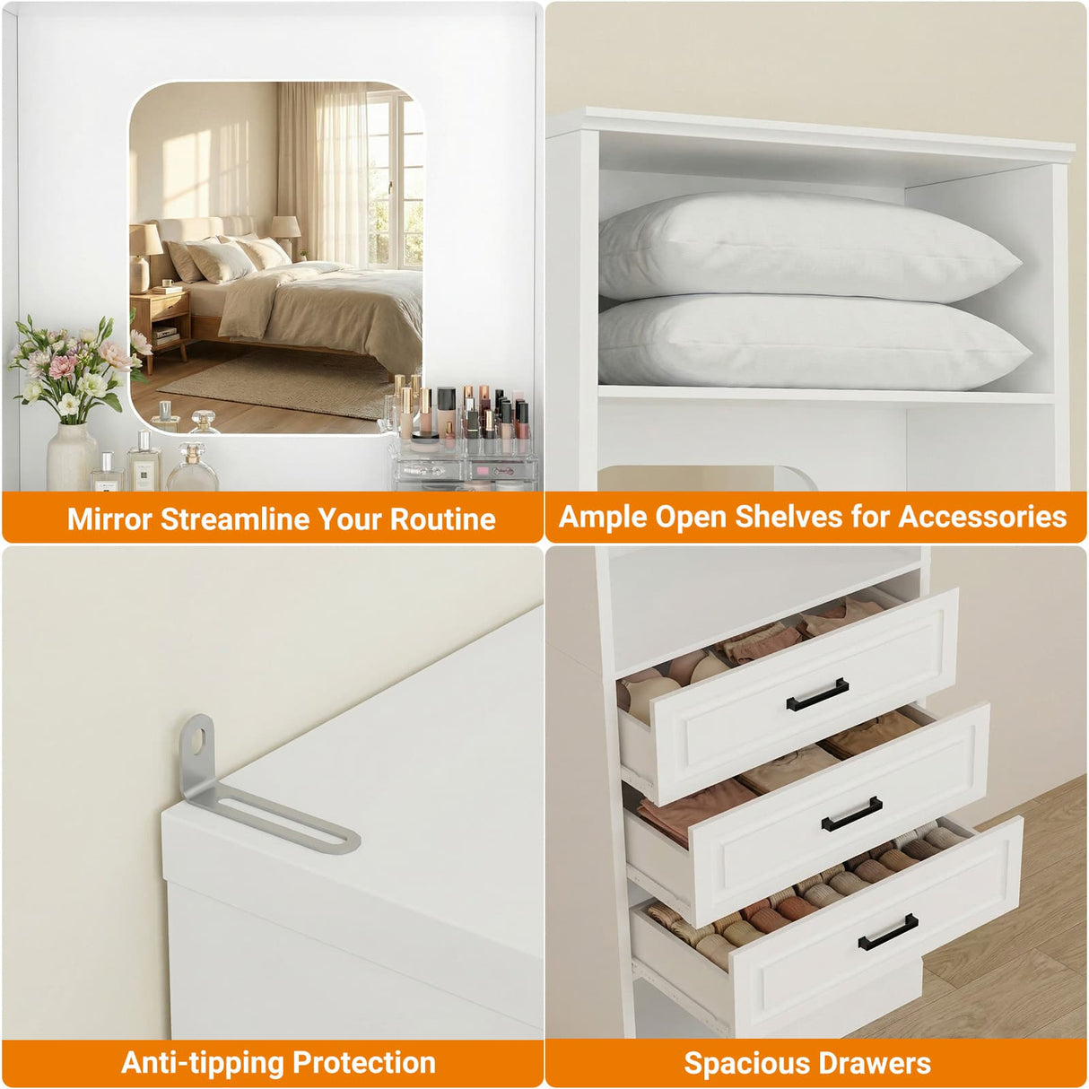 Closet System with Drawers & Mirror, Heavy Duty Wooden Closet Organizer, Modular Wardrobe Storage Tower for Bedroom & Walk-in Closet