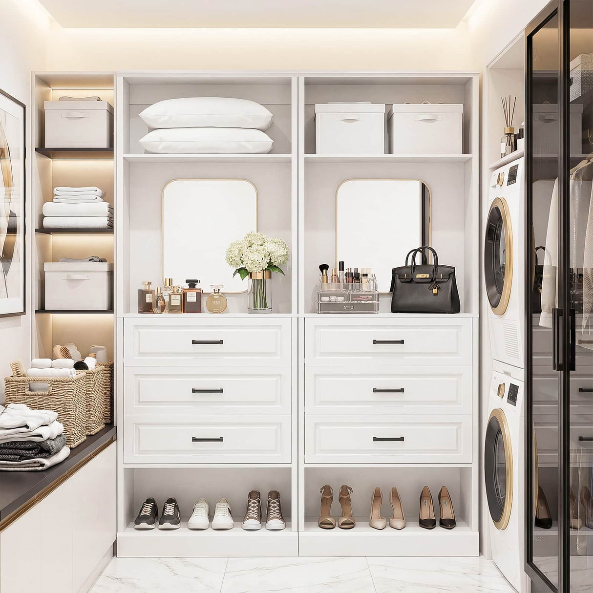 Closet System with Drawers & Mirror, Heavy Duty Wooden Closet Organizer, Modular Wardrobe Storage Tower for Bedroom & Walk-in Closet