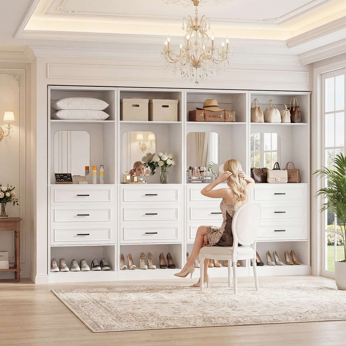 Closet System with Drawers & Mirror, Heavy Duty Wooden Closet Organizer, Modular Wardrobe Storage Tower for Bedroom & Walk-in Closet