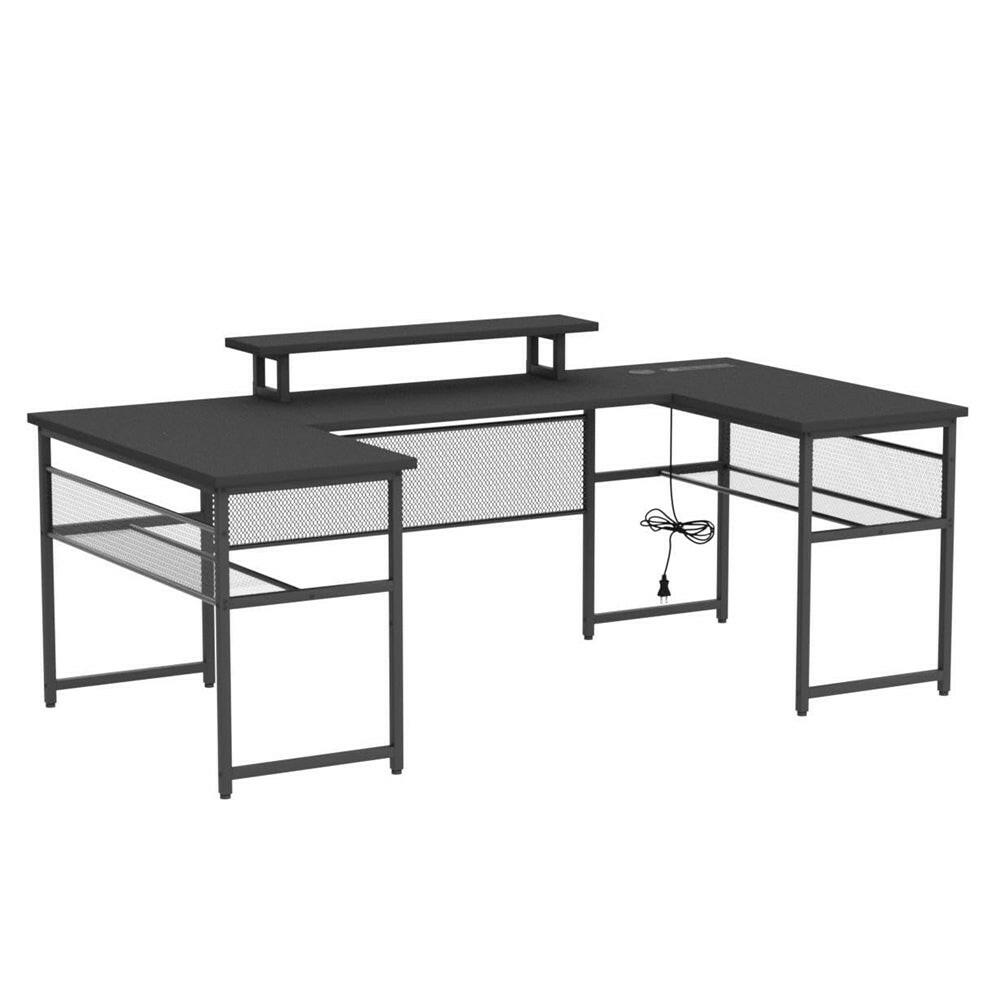 Unikito U Shaped Computer Desk with Power Outlet and LED Strip, Reversible L Shaped Office Desk with Monitor Stand and Storage Shelves, Modern U- Shape Corner Desk, 130 Inch 2 Person Long Table
