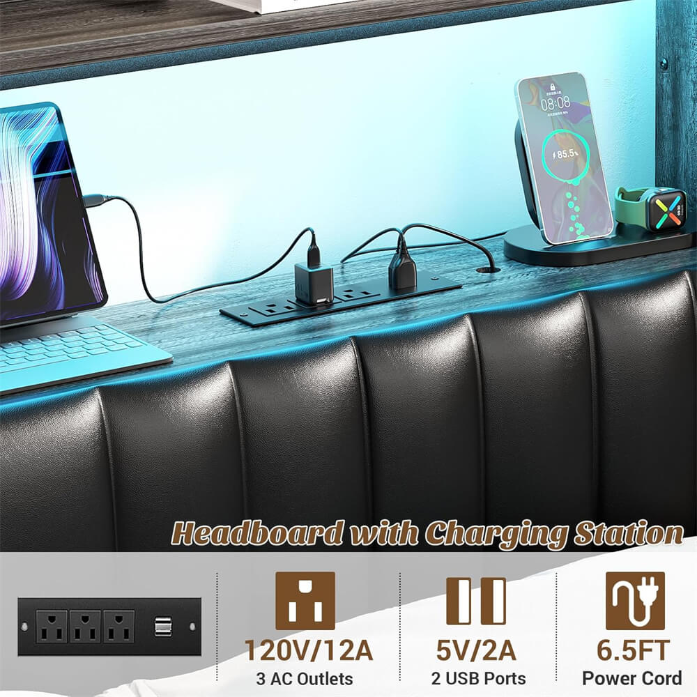 Full Size Headboard with Drawer Storage and RGB LED Light, Full Upholstered Headboard with Charging Station and Bookcase