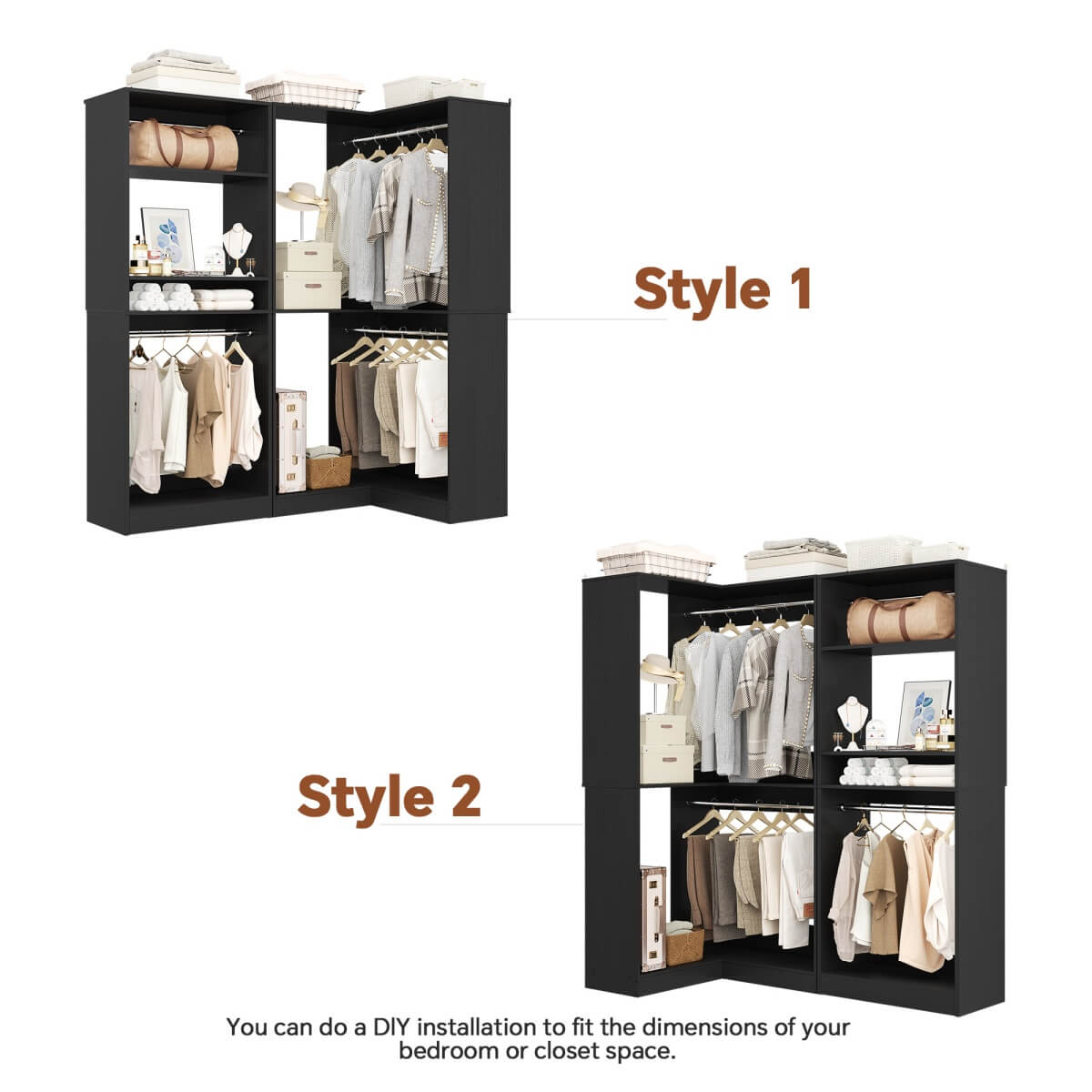 Freestanding Walk-in Closet Organizer System with Hanging Rods and Corner