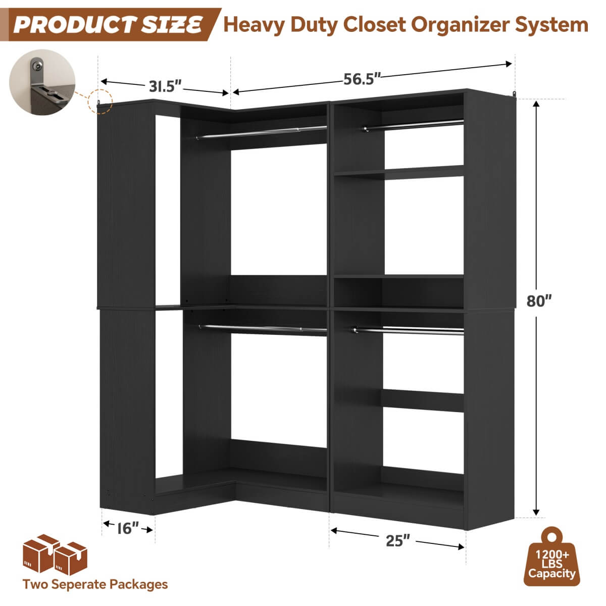 Freestanding Walk-in Closet Organizer System with Hanging Rods and Corner