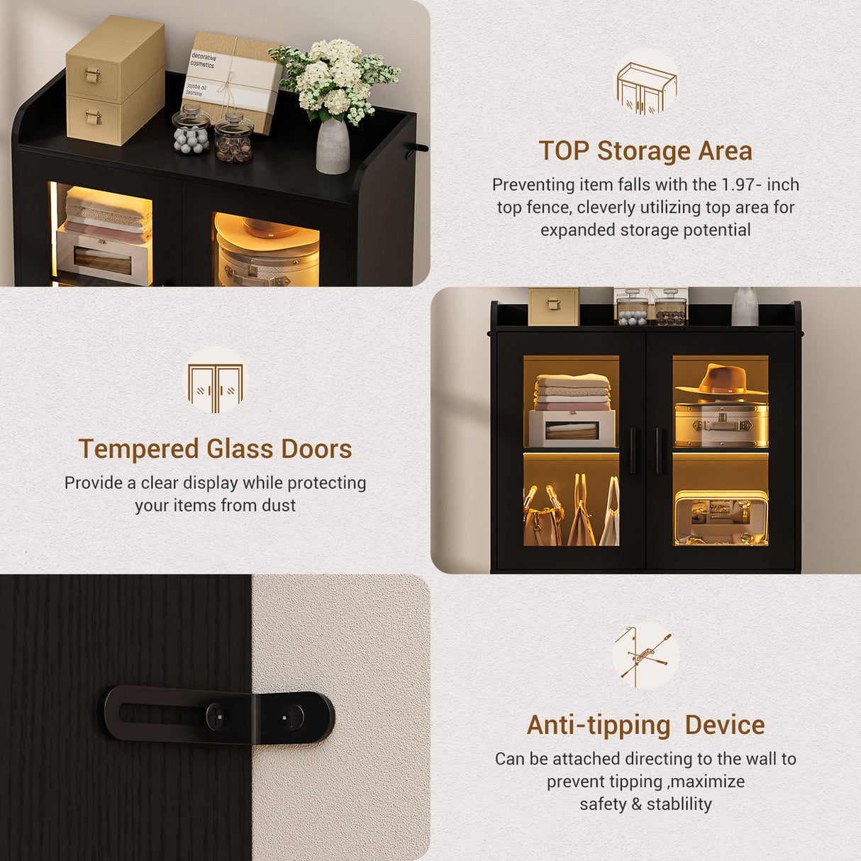 6 Shelf Bookcase with 4 Doors, LED Lights, and Adjustable Shelves