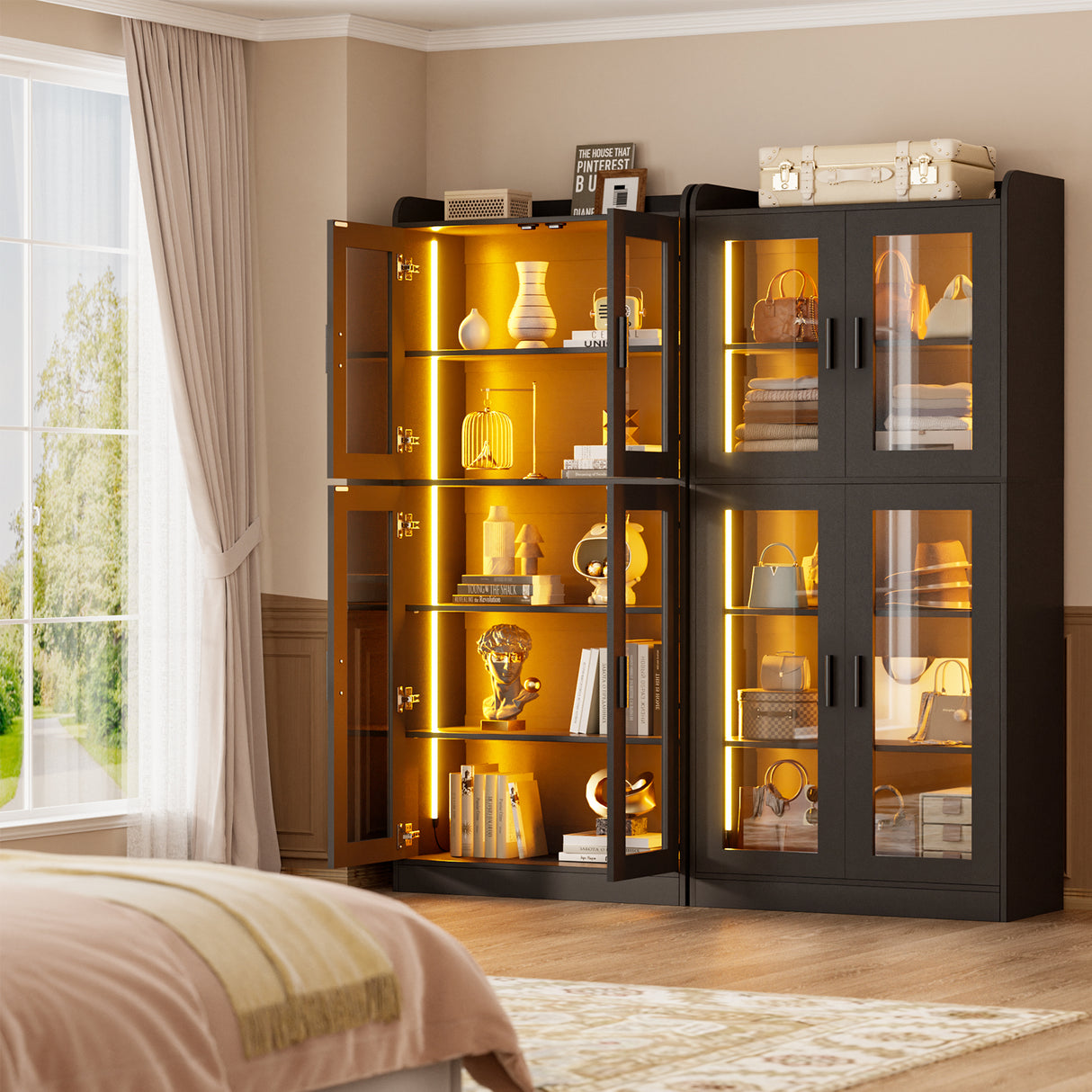 6 Shelf Bookcase with 4 Doors, LED Lights, and Adjustable Shelves