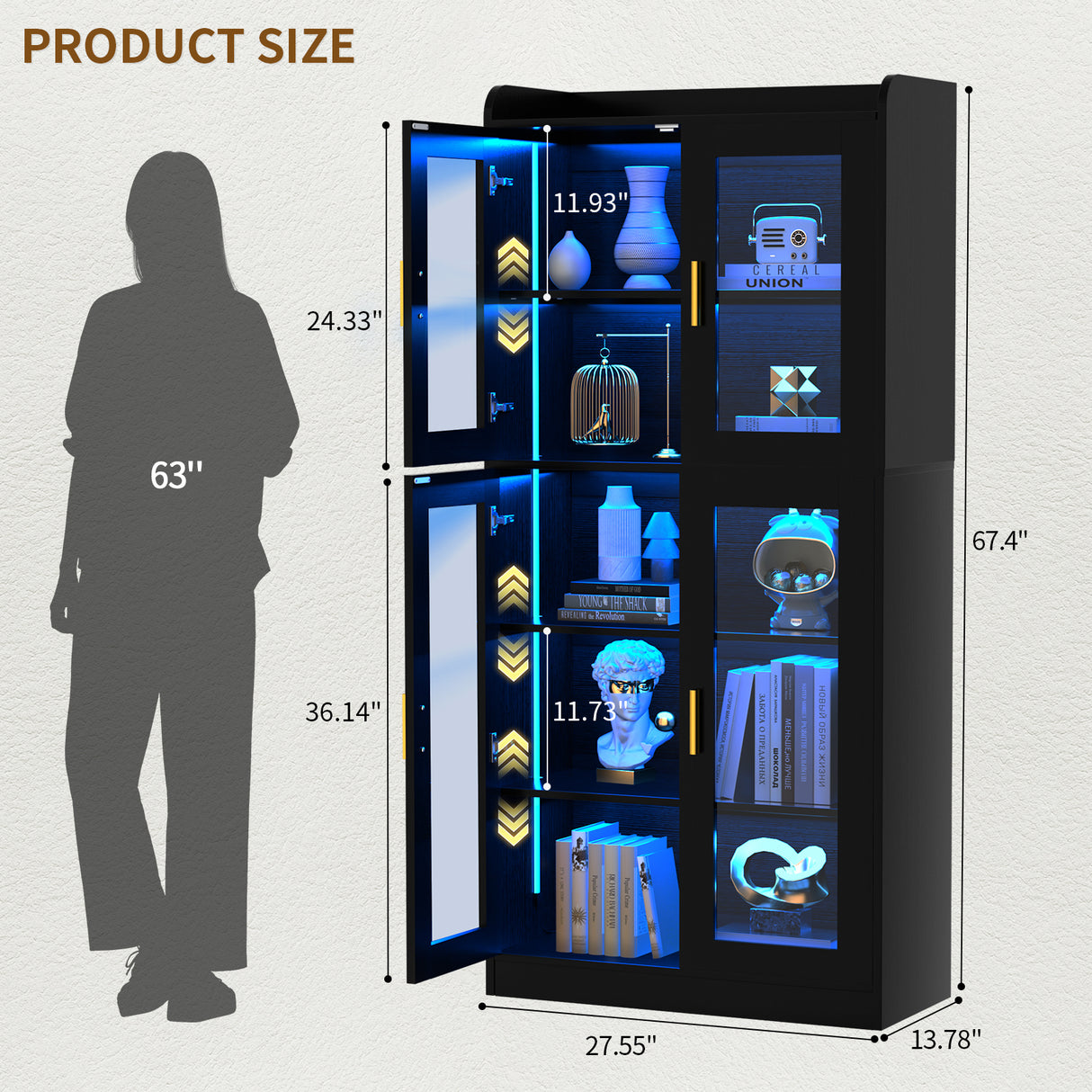 6 Shelf Bookcase with 4 Doors, LED Lights, and Adjustable Shelves