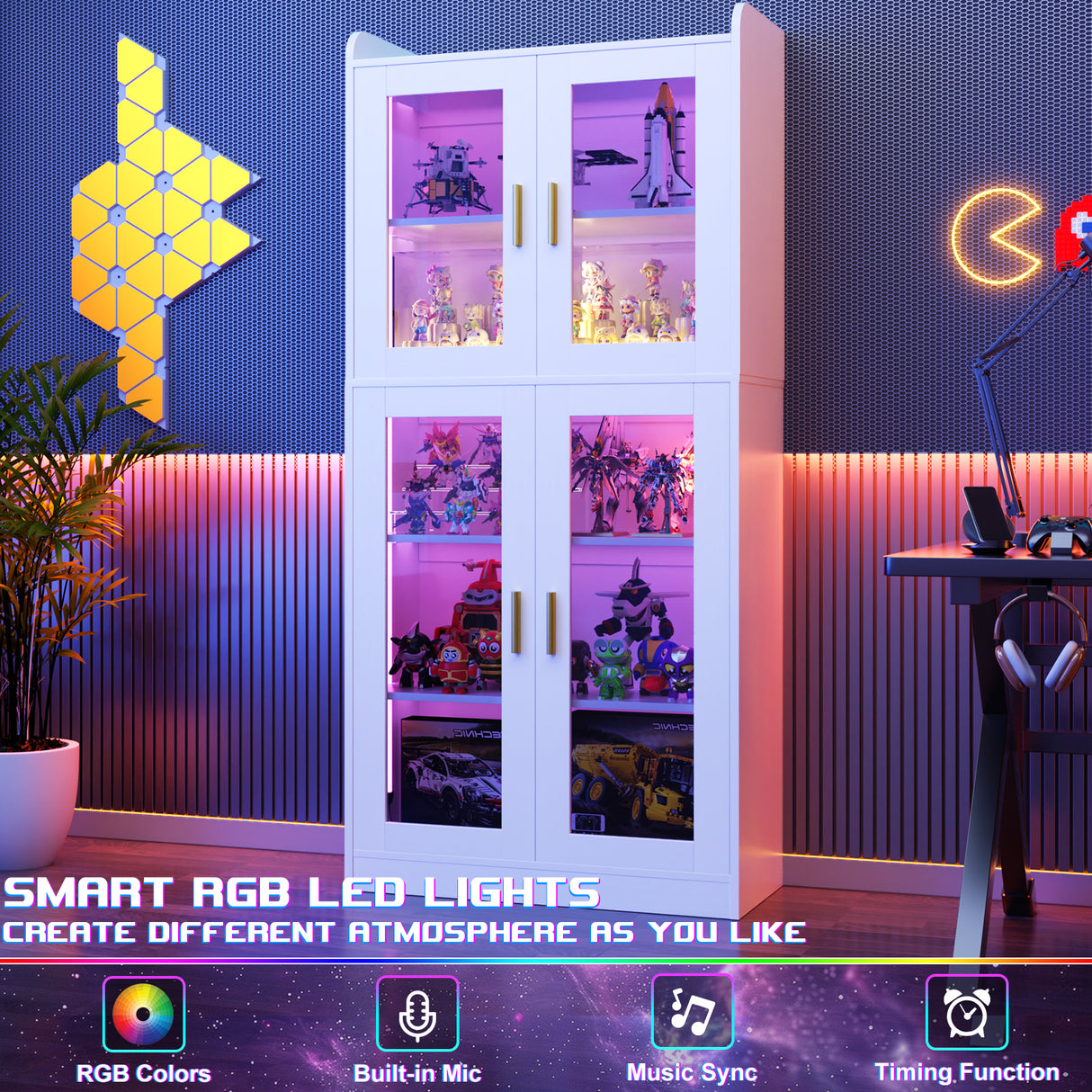 6 Shelf Bookcase with 4 Doors, LED Lights, and Adjustable Shelves