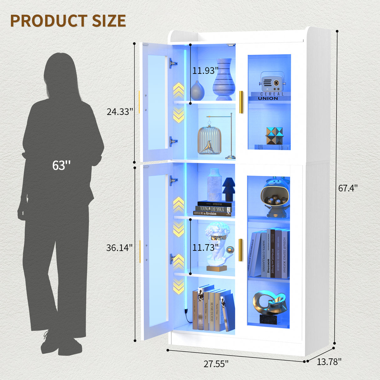 6 Shelf Bookcase with 4 Doors, LED Lights, and Adjustable Shelves