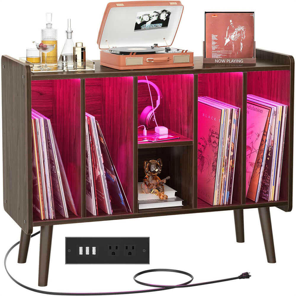 Unikito Record Player Stand with LED Light, Vinyl Record Storage Table with 6 Cabinet, Record Player Stand with Storage and Sockets, Record Display Shelf Wood Legs for Bedroom Living Room