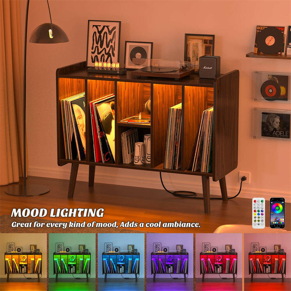 Unikito Record Player Stand with LED Light, Vinyl Record Storage Table with 6 Cabinet, Record Player Stand with Storage and Sockets, Record Display Shelf Wood Legs for Bedroom Living Room
