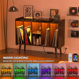 Unikito Record Player Stand with LED Light, Vinyl Record Storage Table with 6 Cabinet, Record Player Stand with Storage and Sockets, Record Display Shelf Wood Legs for Bedroom Living Room