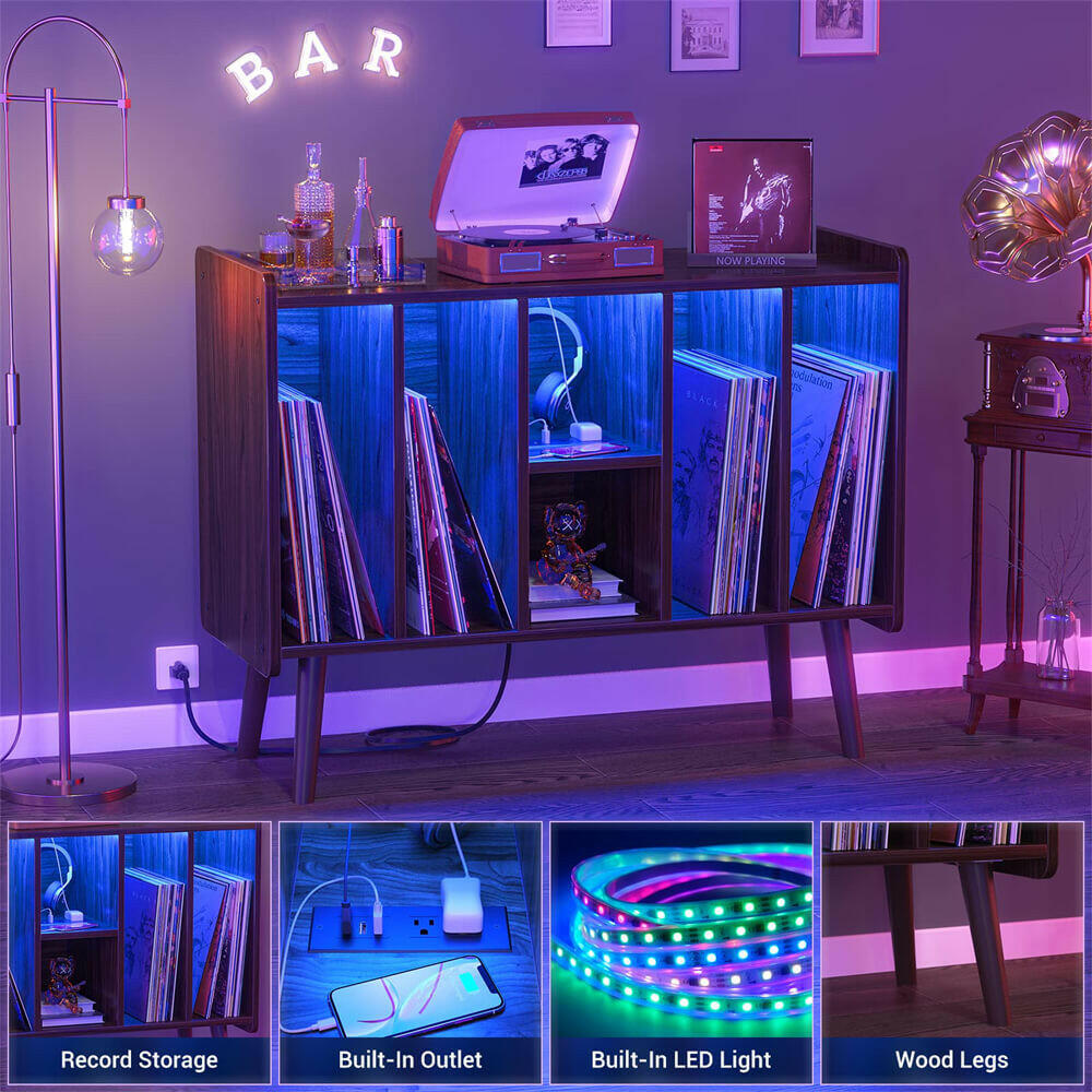 Unikito Record Player Stand with LED Light, Vinyl Record Storage Table with 6 Cabinet, Record Player Stand with Storage and Sockets, Record Display Shelf Wood Legs for Bedroom Living Room