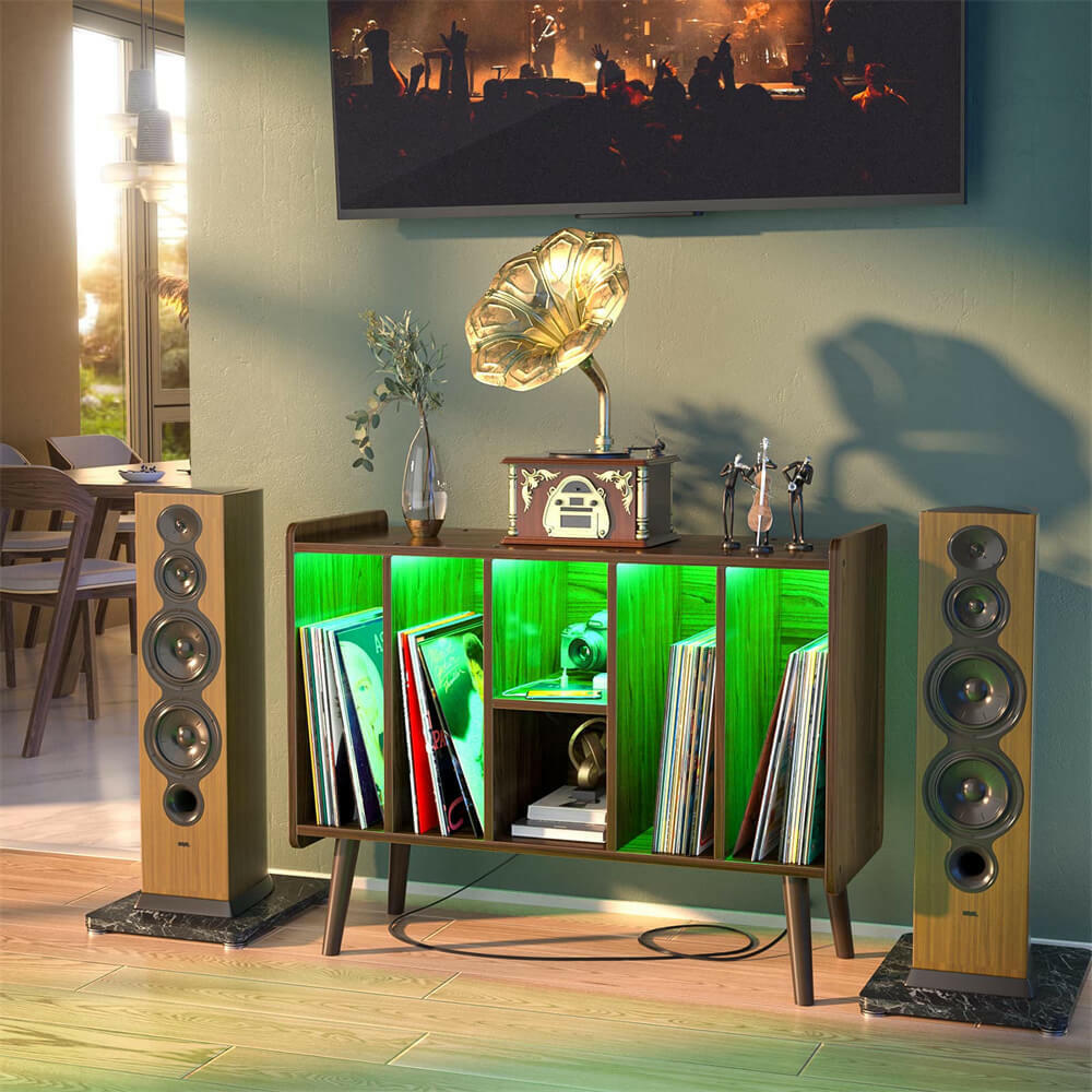 Unikito Record Player Stand with LED Light, Vinyl Record Storage Table with 6 Cabinet, Record Player Stand with Storage and Sockets, Record Display Shelf Wood Legs for Bedroom Living Room