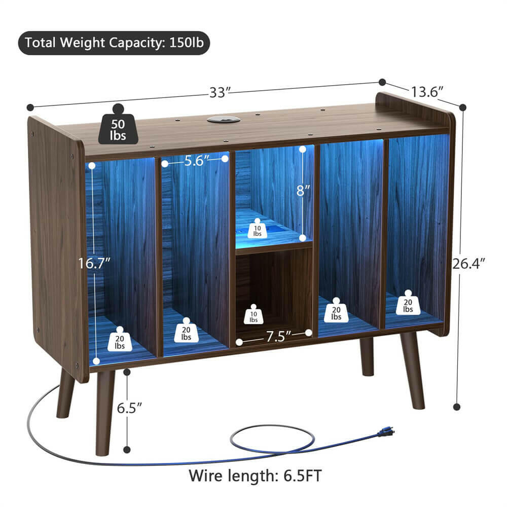 Unikito Record Player Stand with LED Light, Vinyl Record Storage Table with 6 Cabinet, Record Player Stand with Storage and Sockets, Record Display Shelf Wood Legs for Bedroom Living Room