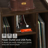 Unikito Record Player Stand, Vinyl Turntable Stand with Power Outlet and USB Charging Port, Record Display Table with Storage, Audio Rack, Turntable Nightstand for Bedroom, Living Room