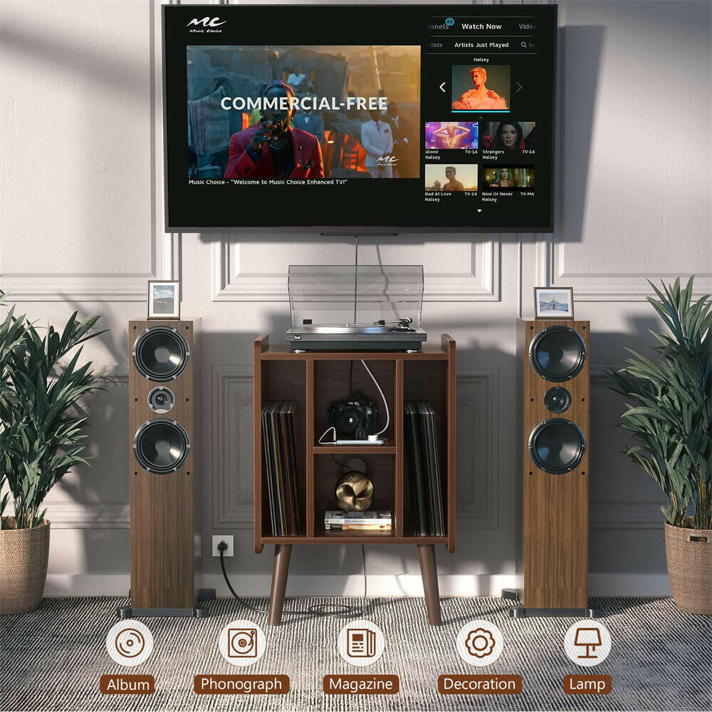 Unikito Record Player Stand, Vinyl Turntable Stand with Power Outlet and USB Charging Port, Record Display Table with Storage, Audio Rack, Turntable Nightstand for Bedroom, Living Room