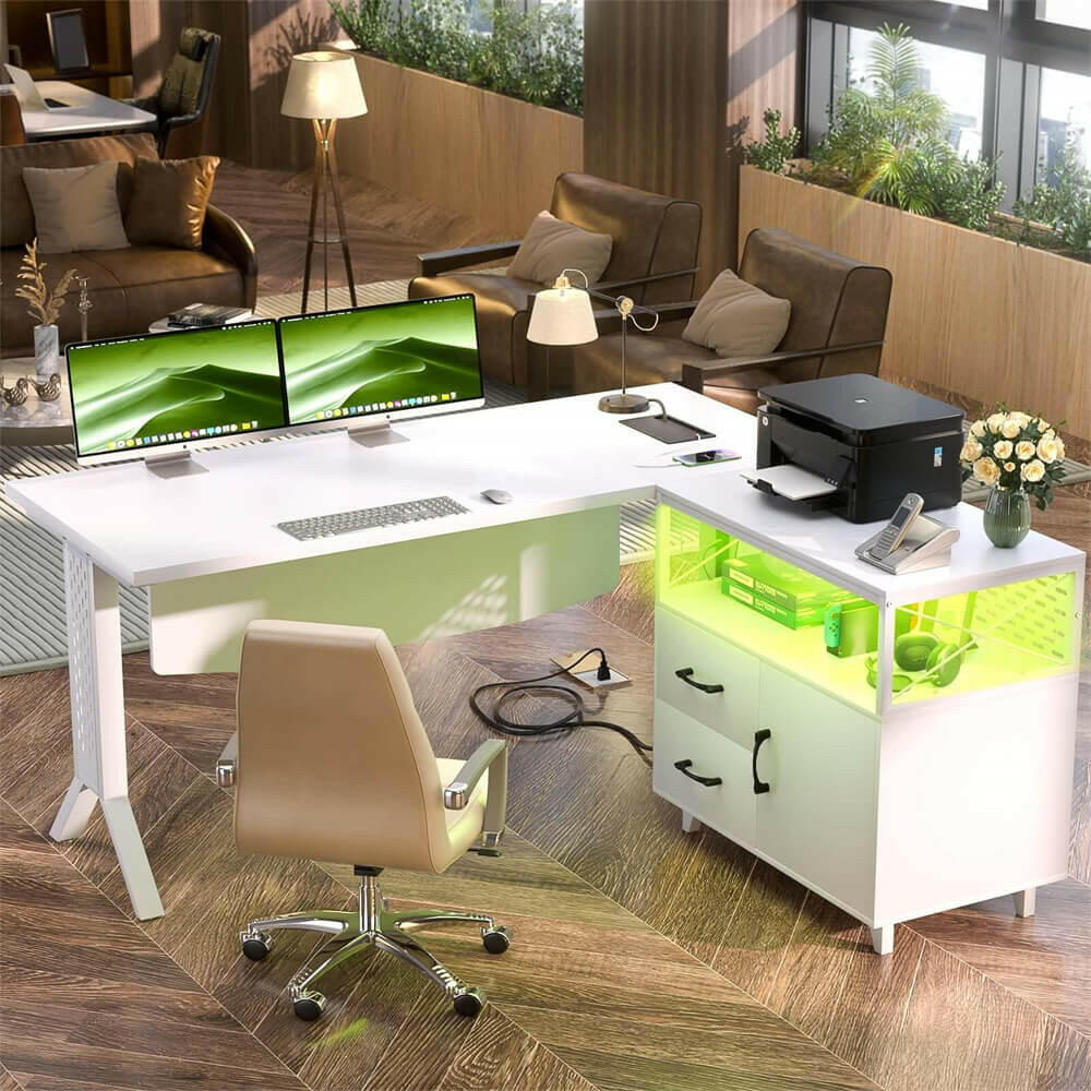 Unikito L Shaped Office Desk with Storage Cabinet and Recessed Power Strip LED Strip, 55 Inch Thickened Heavy Duty Executive Computer Desk with 2 Drawers and 1 Door Cabinet