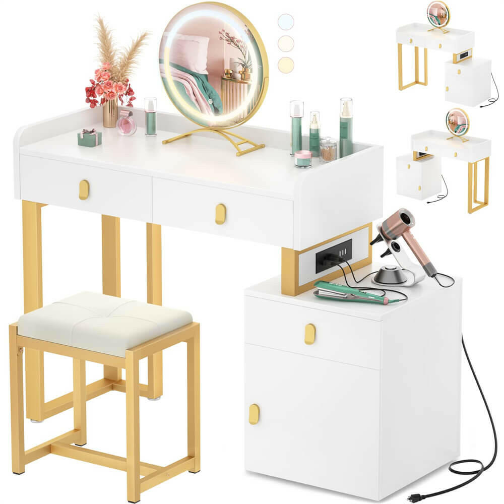 Unikito Vanity Desk with Mirror and Lights, Makeup Vanity Table Set with 3 Storage Drawers, Stool and Divided Organizers, Dressing Table with 3 Color Lighting Options for Women Girls