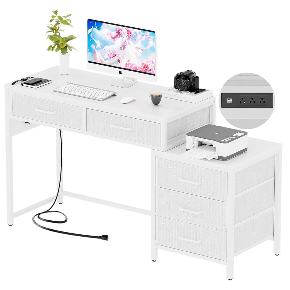 Unikito Reversible Computer Desk with 5 Drawers, Narrow Desk Comes