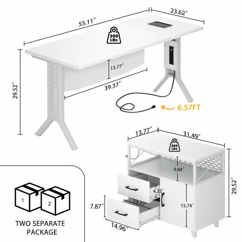 Unikito L Shaped Office Desk with Storage Cabinet and Recessed Power Strip LED Strip, 55 Inch Thickened Heavy Duty Executive Computer Desk with 2 Drawers and 1 Door Cabinet