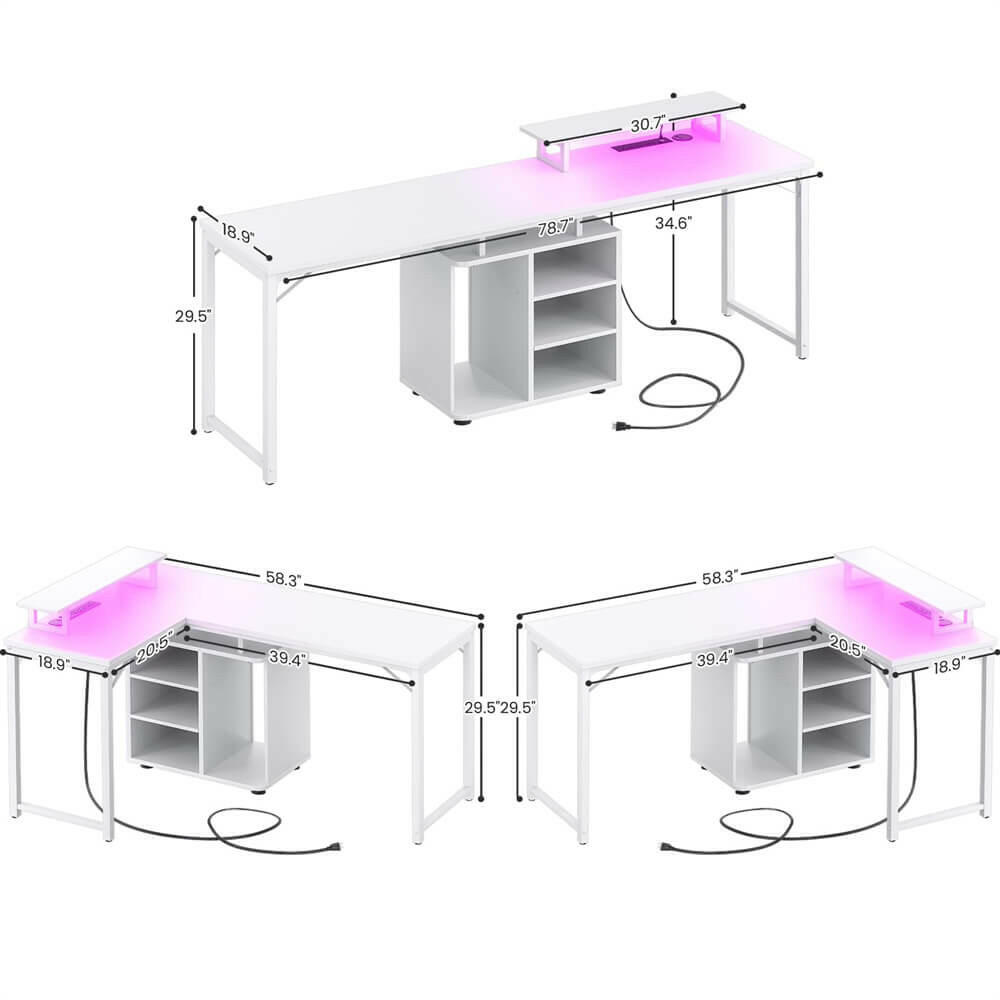 Unikito L Shaped Computer Desk, 58'' Reversible Gaming Desk with LED Strip & Adjustable Monitor Stand, Office Desk with Cabinet & Power Outlets, Corner Desk 2 Person Long Writing Study Table