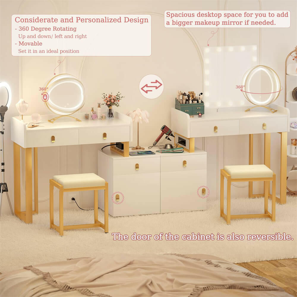 Unikito Vanity Desk with Mirror and Lights, Makeup Vanity Table Set with 3 Storage Drawers, Stool and Divided Organizers, Dressing Table with 3 Color Lighting Options for Women Girls