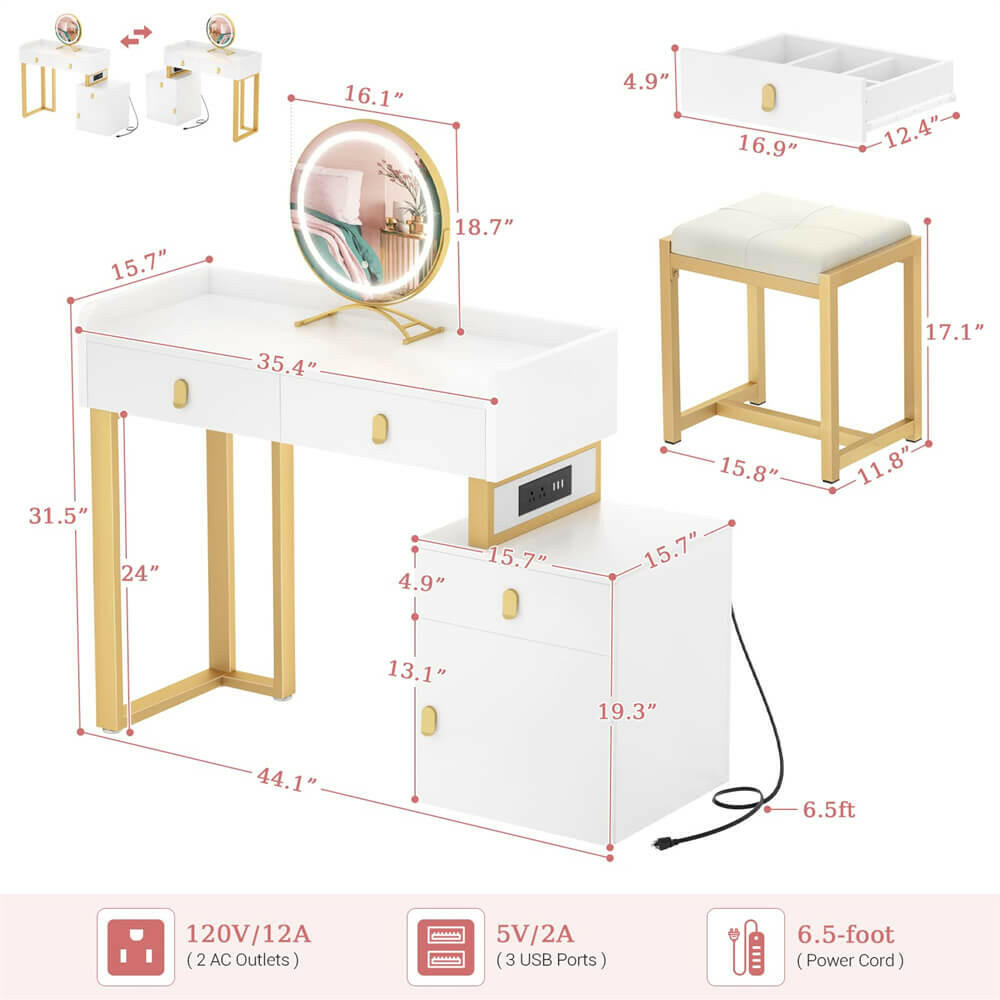 Unikito Vanity Desk with Mirror and Lights, Makeup Vanity Table Set with 3 Storage Drawers, Stool and Divided Organizers, Dressing Table with 3 Color Lighting Options for Women Girls