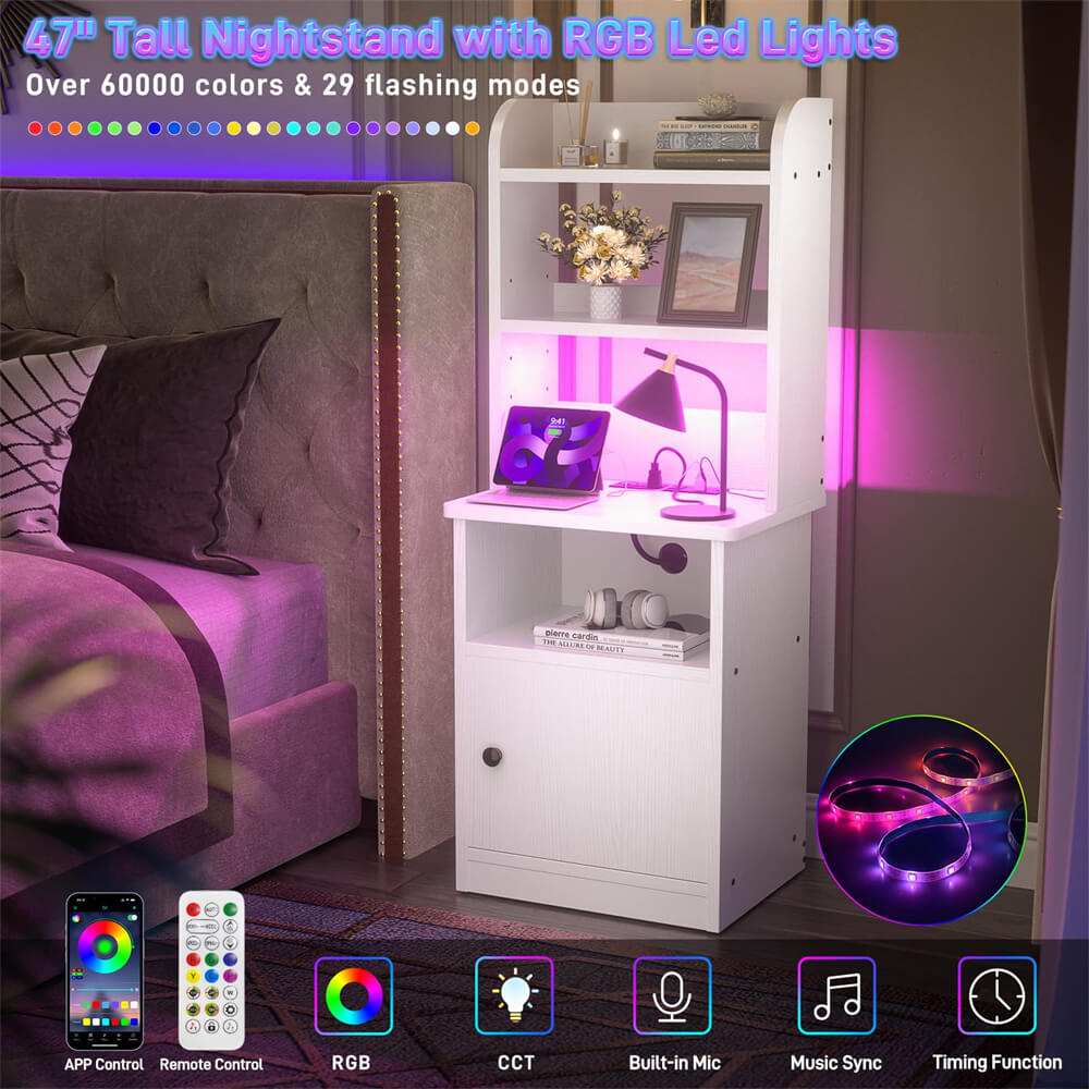 Unikito Nightstand with Charging Station, Tall Bedside Table with