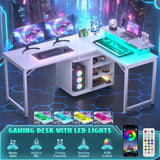 Unikito L Shaped Computer Desk, 58'' Reversible Gaming Desk with LED Strip & Adjustable Monitor Stand, Office Desk with Cabinet & Power Outlets, Corner Desk 2 Person Long Writing Study Table