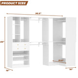 Closet System with Corner, 90.5 Inch Wooden Closet Organizer System with Drawers, Hanging Rods and Shelves