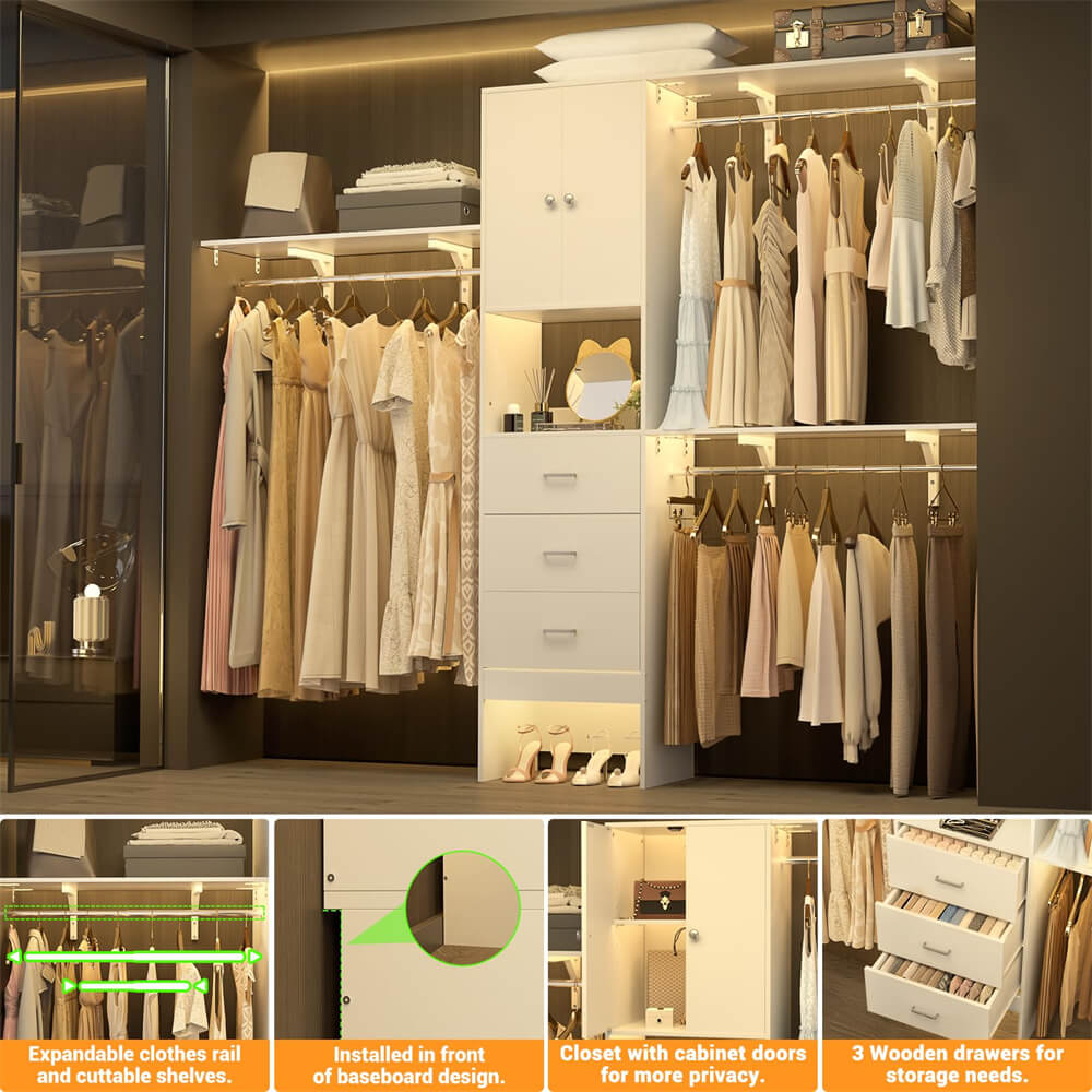 Unikito 96 Inch Closet System with 3 Wood Drawers 8FT Closet Organizer with Doors and 3 Shelve Towers