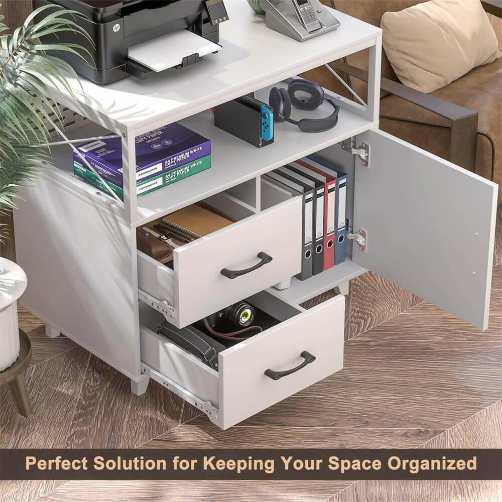 Unikito L Shaped Office Desk with Storage Cabinet and Recessed Power Strip LED Strip, 55 Inch Thickened Heavy Duty Executive Computer Desk with 2 Drawers and 1 Door Cabinet