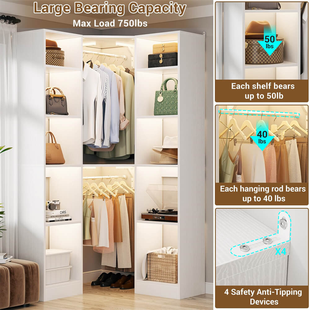 Unikito 40 inch L Shaped Corner Closet System with 12 Shelves 6 Tier Closet Organizer with 2 Hanging Rods White Oak