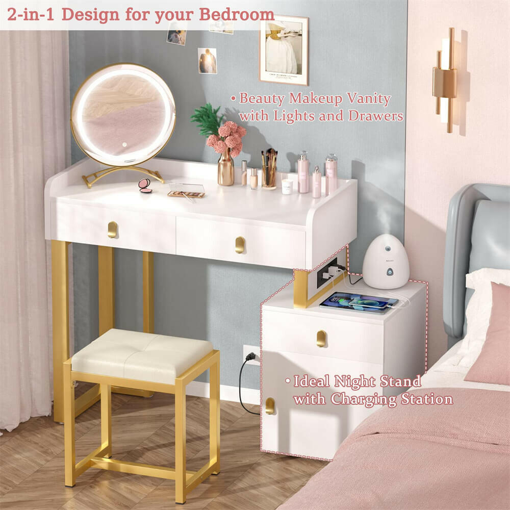 Unikito Vanity Desk with Mirror and Lights, Makeup Vanity Table Set with 3 Storage Drawers, Stool and Divided Organizers, Dressing Table with 3 Color Lighting Options for Women Girls