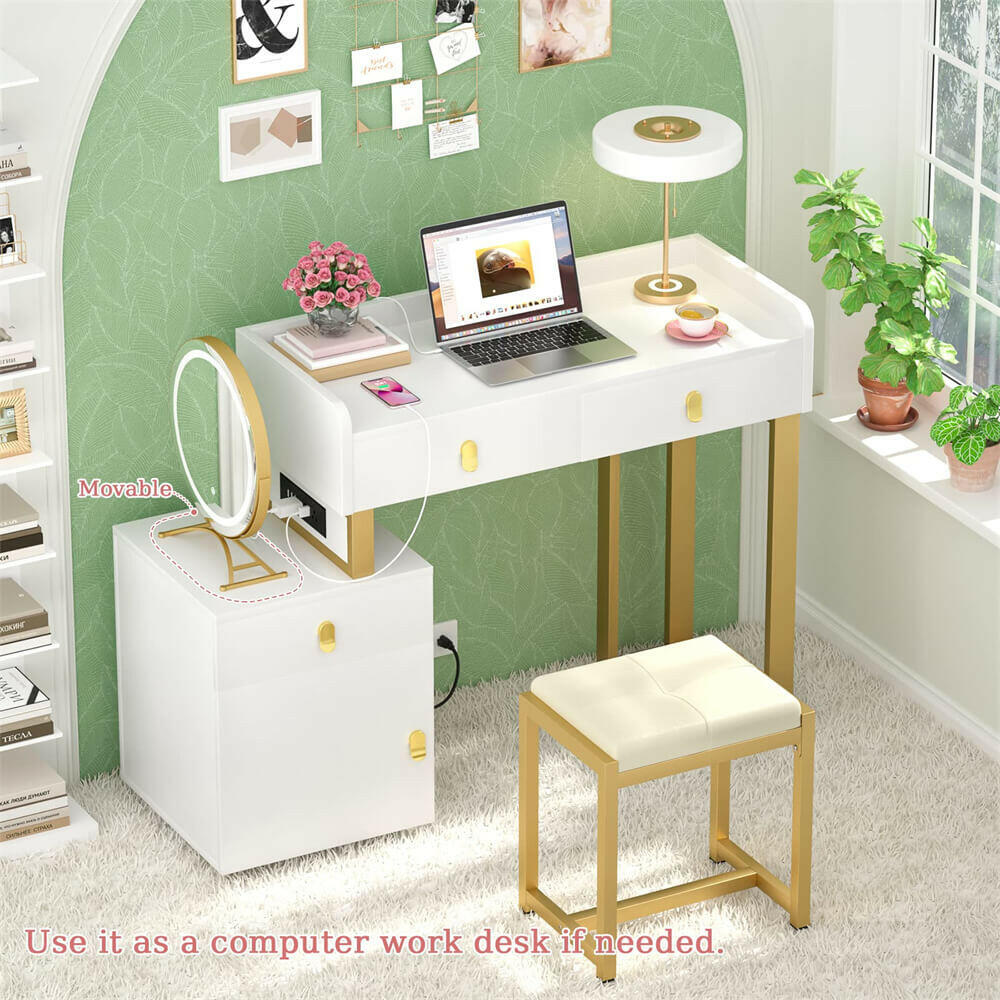 Unikito Vanity Desk with Mirror and Lights, Makeup Vanity Table Set with 3 Storage Drawers, Stool and Divided Organizers, Dressing Table with 3 Color Lighting Options for Women Girls