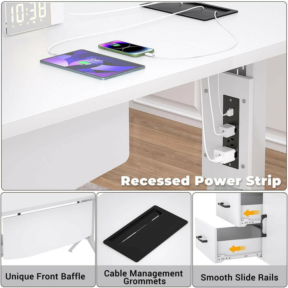 Unikito L Shaped Office Desk with Storage Cabinet and Recessed Power Strip LED Strip, 55 Inch Thickened Heavy Duty Executive Computer Desk with 2 Drawers and 1 Door Cabinet