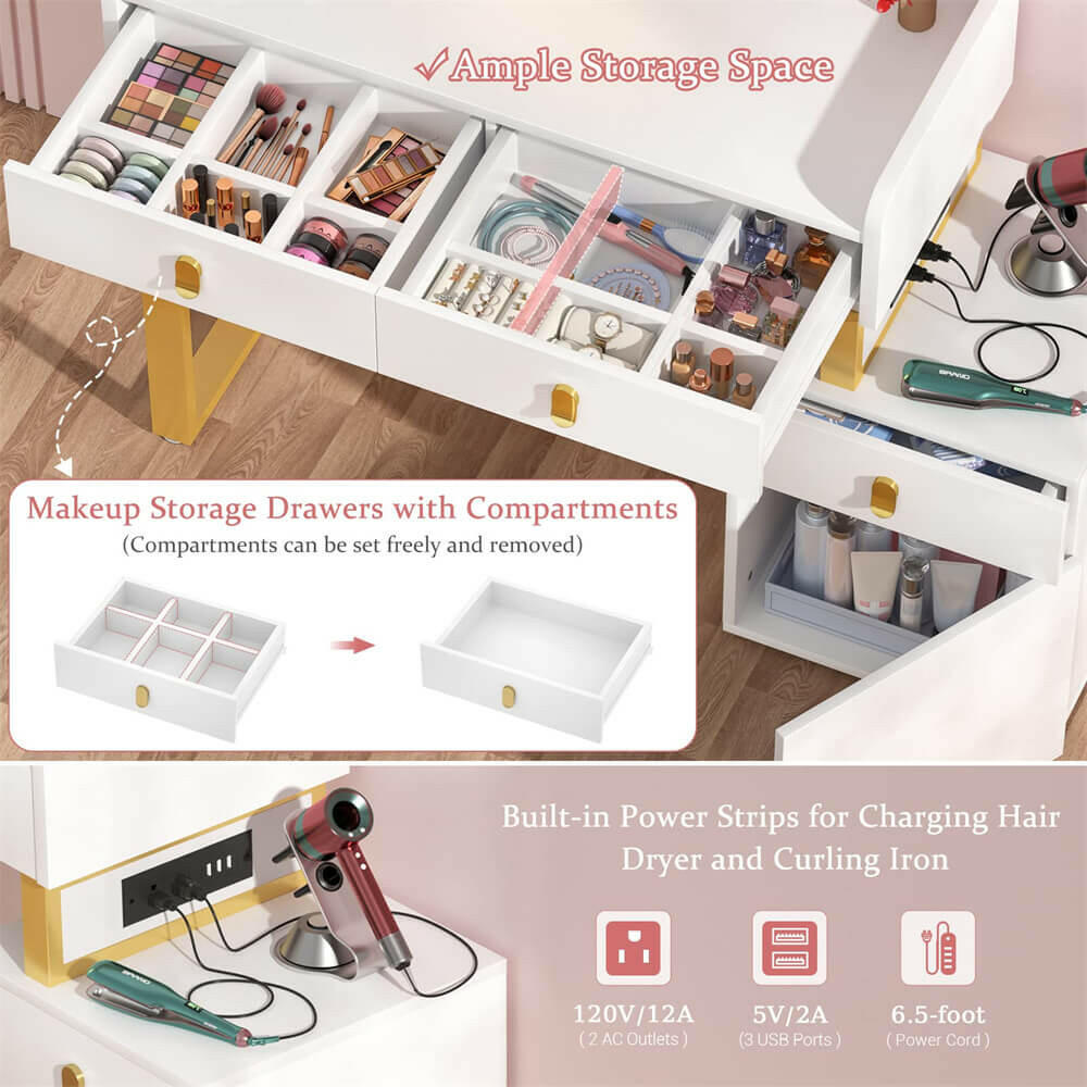 Unikito Vanity Desk with Mirror and Lights, Makeup Vanity Table Set with 3 Storage Drawers, Stool and Divided Organizers, Dressing Table with 3 Color Lighting Options for Women Girls
