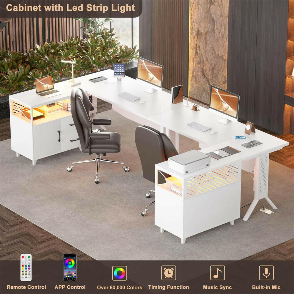 Unikito L Shaped Office Desk with Storage Cabinet and Recessed Power Strip LED Strip, 55 Inch Thickened Heavy Duty Executive Computer Desk with 2 Drawers and 1 Door Cabinet