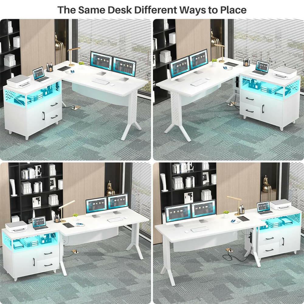 Unikito L Shaped Office Desk with Storage Cabinet and Recessed Power Strip LED Strip, 55 Inch Thickened Heavy Duty Executive Computer Desk with 2 Drawers and 1 Door Cabinet