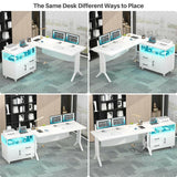 Unikito L Shaped Office Desk with Storage Cabinet and Recessed Power Strip LED Strip, 55 Inch Thickened Heavy Duty Executive Computer Desk with 2 Drawers and 1 Door Cabinet